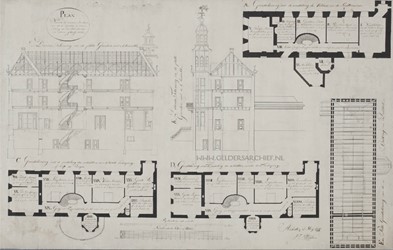 <p>Doorsneden en plattegronden van de kelder en de verdiepingen, behorend bij het plan van r J.T. Übbing uit mei 1827 (Gelders Archief).</p>
